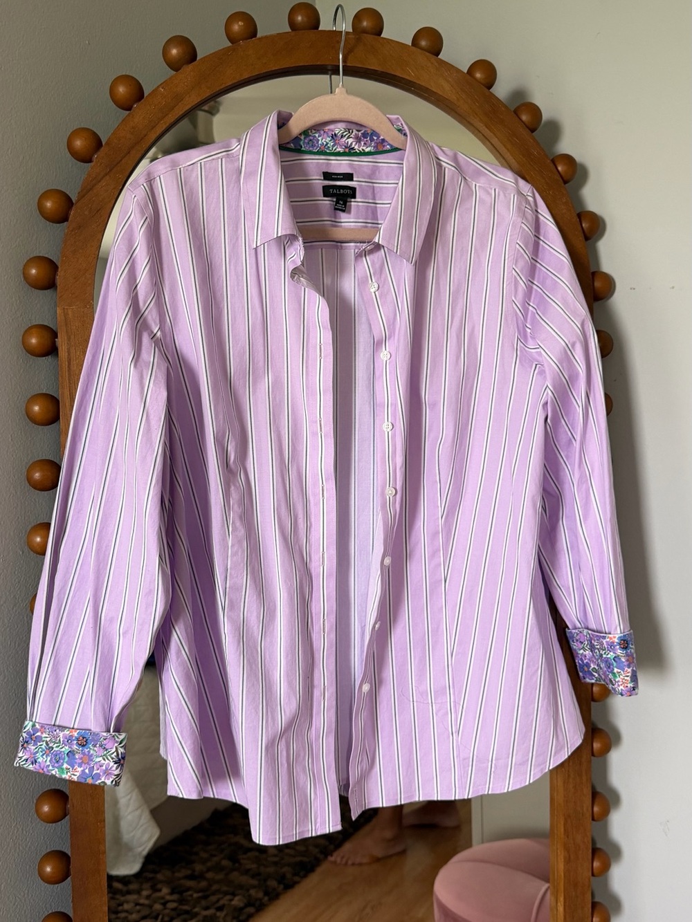 Talbots Lavender and White Striped Button-Down Shirt with Floral Cuffs